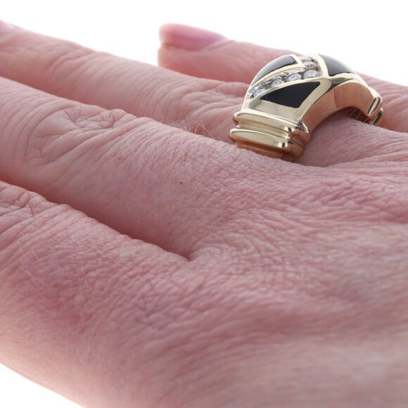 Yellow Gold Onyx Diamond Band - 14k .40ctw Zig-Zag Ring SZ 6 3/4 - Picture 4 of 7